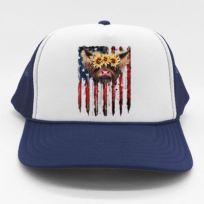 Cute Baby Highland Cow With Sunflowers 4th Of July Funny Trucker Hat