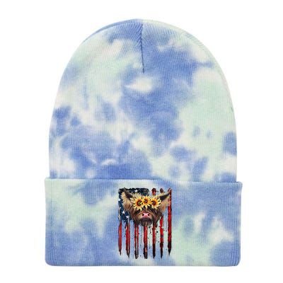 Cute Baby Highland Cow With Sunflowers 4th Of July Funny Tie Dye 12in Knit Beanie