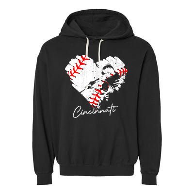 Cincinnati Baseball Heart Distressed Vintage Baseball Fans Garment-Dyed Fleece Hoodie