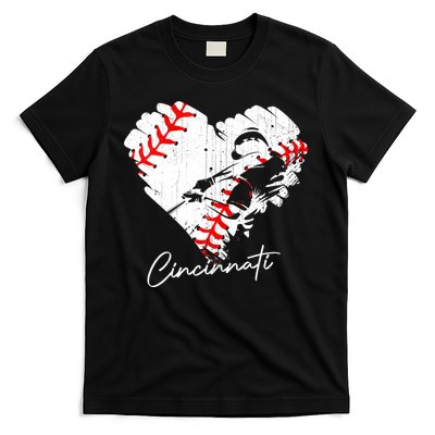 Cincinnati Baseball Heart Distressed Vintage Baseball Fans T-Shirt