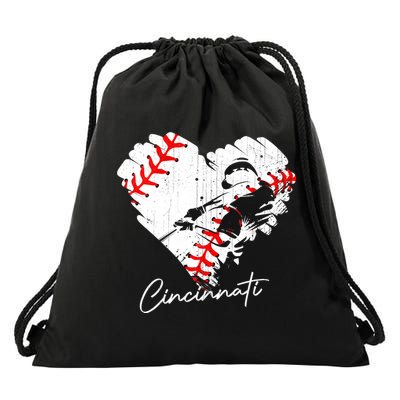 Cincinnati Baseball Heart Distressed Vintage Baseball Fans Drawstring Bag