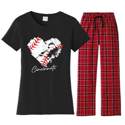 Cincinnati Baseball Heart Distressed Vintage Baseball Fans Women's Flannel Pajama Set