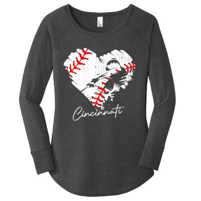 Cincinnati Baseball Heart Distressed Vintage Baseball Fans Women's Perfect Tri Tunic Long Sleeve Shirt