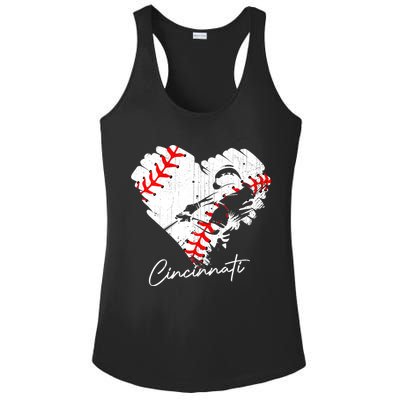 Cincinnati Baseball Heart Distressed Vintage Baseball Fans Ladies PosiCharge Competitor Racerback Tank