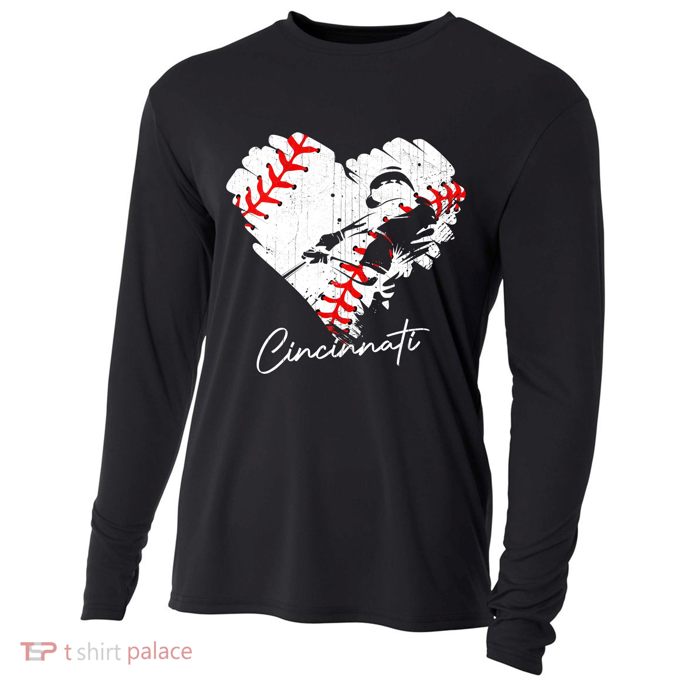 Cincinnati Baseball Heart Distressed Vintage Baseball Fans Cooling Performance Long Sleeve Crew