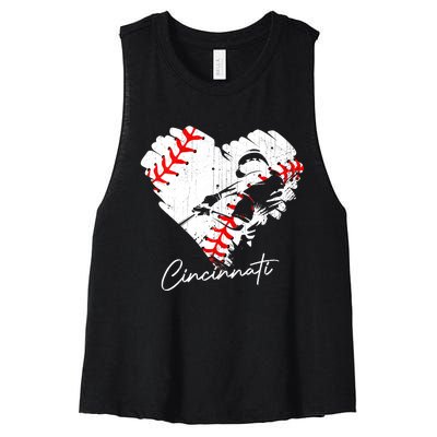 Cincinnati Baseball Heart Distressed Vintage Baseball Fans Women's Racerback Cropped Tank