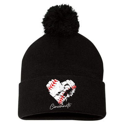 Cincinnati Baseball Heart Distressed Vintage Baseball Fans Pom Pom 12in Knit Beanie
