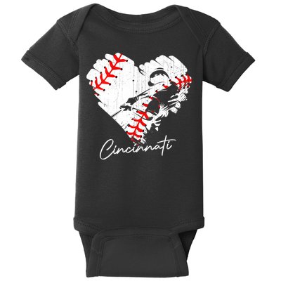 Cincinnati Baseball Heart Distressed Vintage Baseball Fans Baby Bodysuit