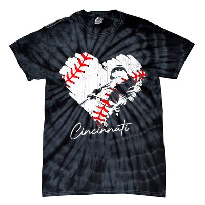 Cincinnati Baseball Heart Distressed Vintage Baseball Fans Tie-Dye T-Shirt