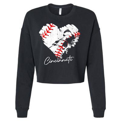 Cincinnati Baseball Heart Distressed Vintage Baseball Fans Cropped Pullover Crew