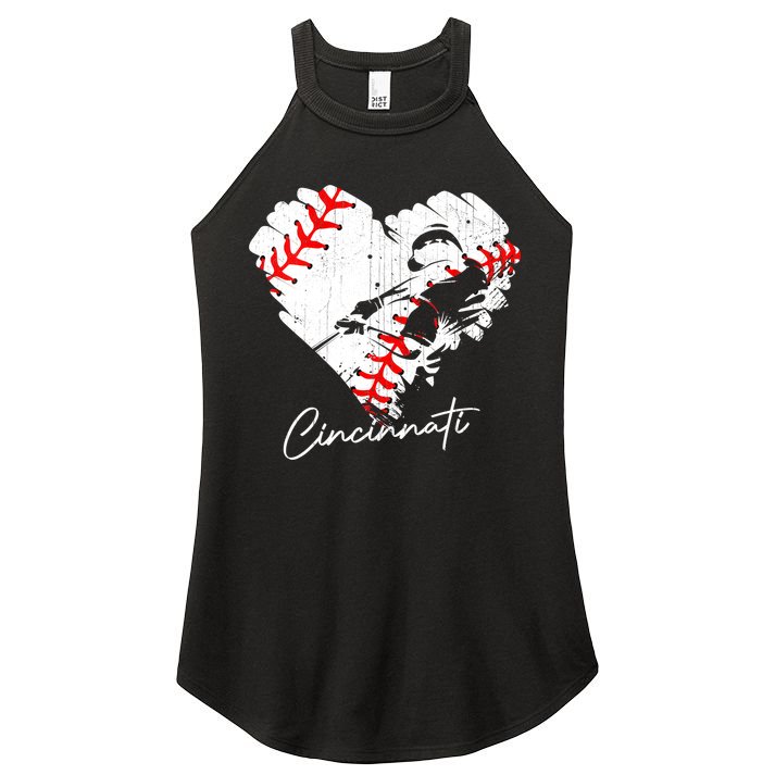 Cincinnati Baseball Heart Distressed Vintage Baseball Fans Women's Perfect Tri Rocker Tank