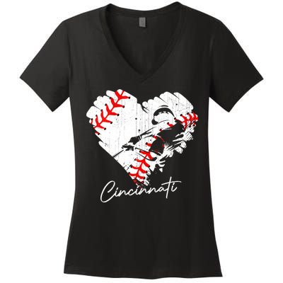 Cincinnati Baseball Heart Distressed Vintage Baseball Fans Women's V-Neck T-Shirt