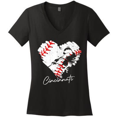 Cincinnati Baseball Heart Distressed Vintage Baseball Fans Women's V-Neck T-Shirt