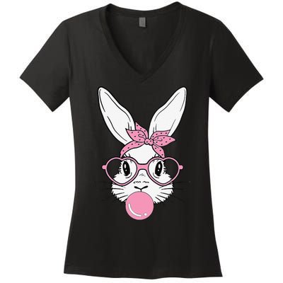 Cute Bunny Heart Glasses Bubblegum For Women Easter Day Women's V-Neck T-Shirt