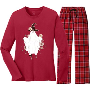 Cute Boho Halloween Ghost Women's Long Sleeve Flannel Pajama Set 