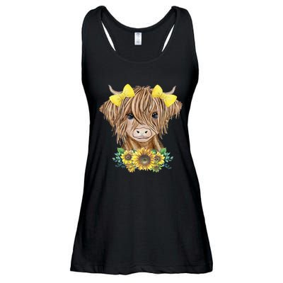 Cute Baby Highland Cow With Sunflowers Calf Animal Farm Ladies Essential Flowy Tank