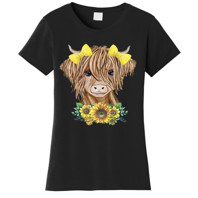 Cute Baby Highland Cow With Sunflowers Calf Animal Farm Women's T-Shirt