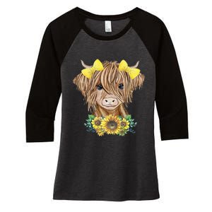 Cute Baby Highland Cow With Sunflowers Calf Animal Farm Women's Tri-Blend 3/4-Sleeve Raglan Shirt