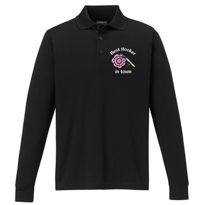 Crochet Best Hooker In Town Funny Yarn Performance Long Sleeve Polo