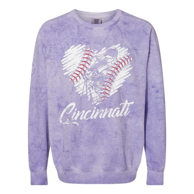 Cincinnati Baseball Heart Distressed Vintage Baseball Fans Colorblast Crewneck Sweatshirt