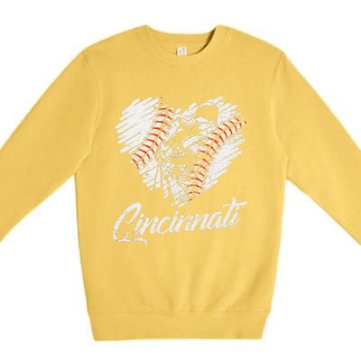 Cincinnati Baseball Heart Distressed Vintage Baseball Fans Premium Crewneck Sweatshirt