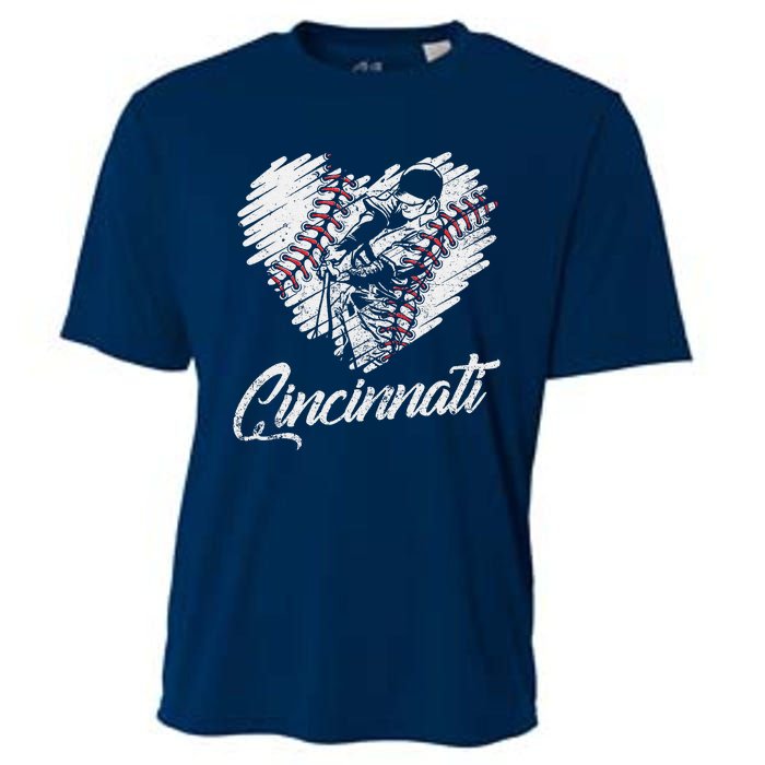 Cincinnati Baseball Heart Distressed Vintage Baseball Fans Cooling Performance Crew T-Shirt