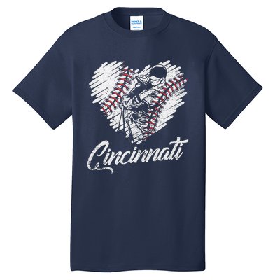 Cincinnati Baseball Heart Distressed Vintage Baseball Fans Tall T-Shirt