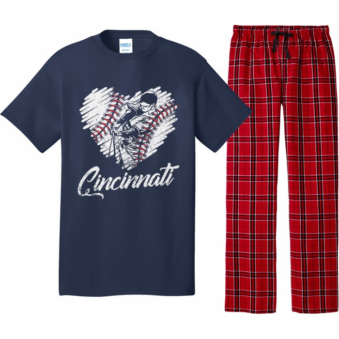 Cincinnati Baseball Heart Distressed Vintage Baseball Fans Pajama Set