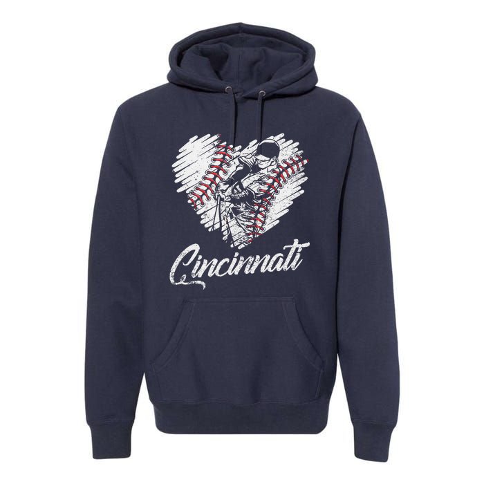 Cincinnati Baseball Heart Distressed Vintage Baseball Fans Premium Hoodie