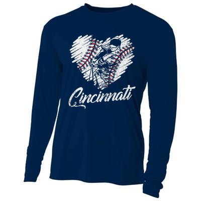 Cincinnati Baseball Heart Distressed Vintage Baseball Fans Cooling Performance Long Sleeve Crew