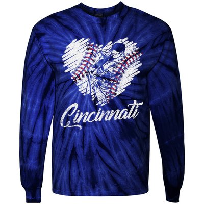 Cincinnati Baseball Heart Distressed Vintage Baseball Fans Tie-Dye Long Sleeve Shirt