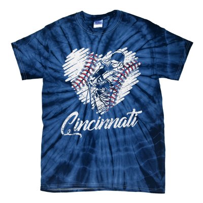 Cincinnati Baseball Heart Distressed Vintage Baseball Fans Tie-Dye T-Shirt