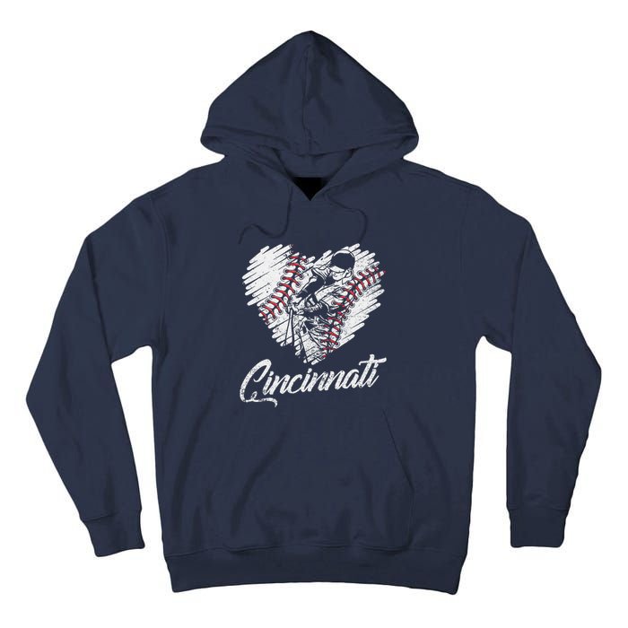 Cincinnati Baseball Heart Distressed Vintage Baseball Fans Tall Hoodie