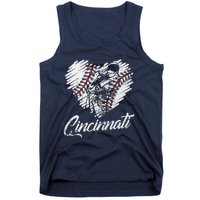 Cincinnati Baseball Heart Distressed Vintage Baseball Fans Tank Top