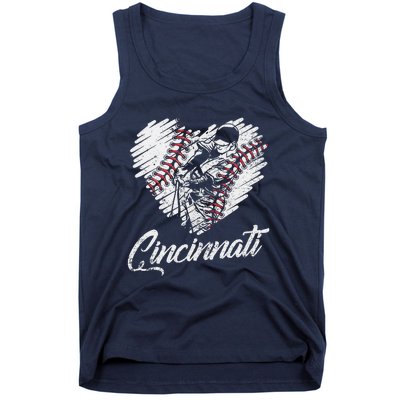 Cincinnati Baseball Heart Distressed Vintage Baseball Fans Tank Top