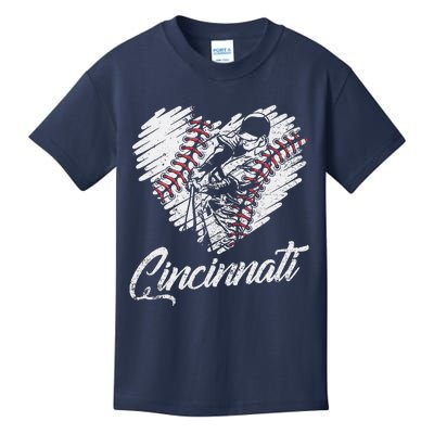 Cincinnati Baseball Heart Distressed Vintage Baseball Fans Kids T-Shirt