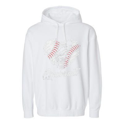 Cincinnati Baseball Heart Distressed Vintage Baseball Fans Garment-Dyed Fleece Hoodie