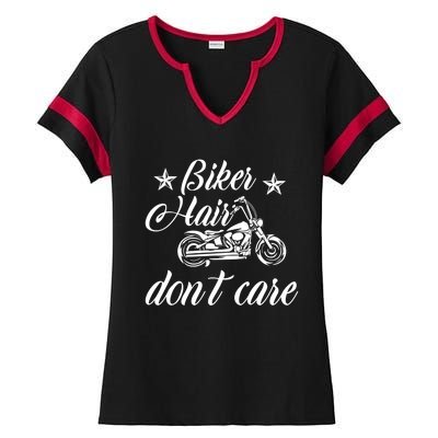 Cute Biker Hair Don't Care Quote Motorcycle Riders Cool Gift Ladies Halftime Notch Neck Tee