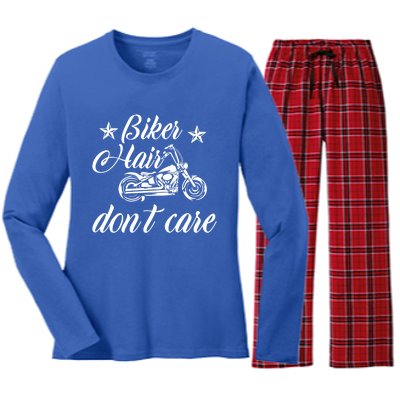 Cute Biker Hair Don't Care Quote Motorcycle Riders Cool Gift Women's Long Sleeve Flannel Pajama Set 