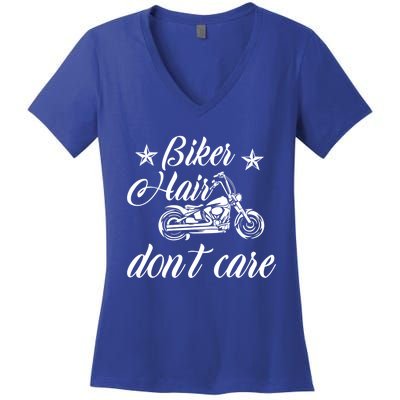 Cute Biker Hair Don't Care Quote Motorcycle Riders Cool Gift Women's V-Neck T-Shirt