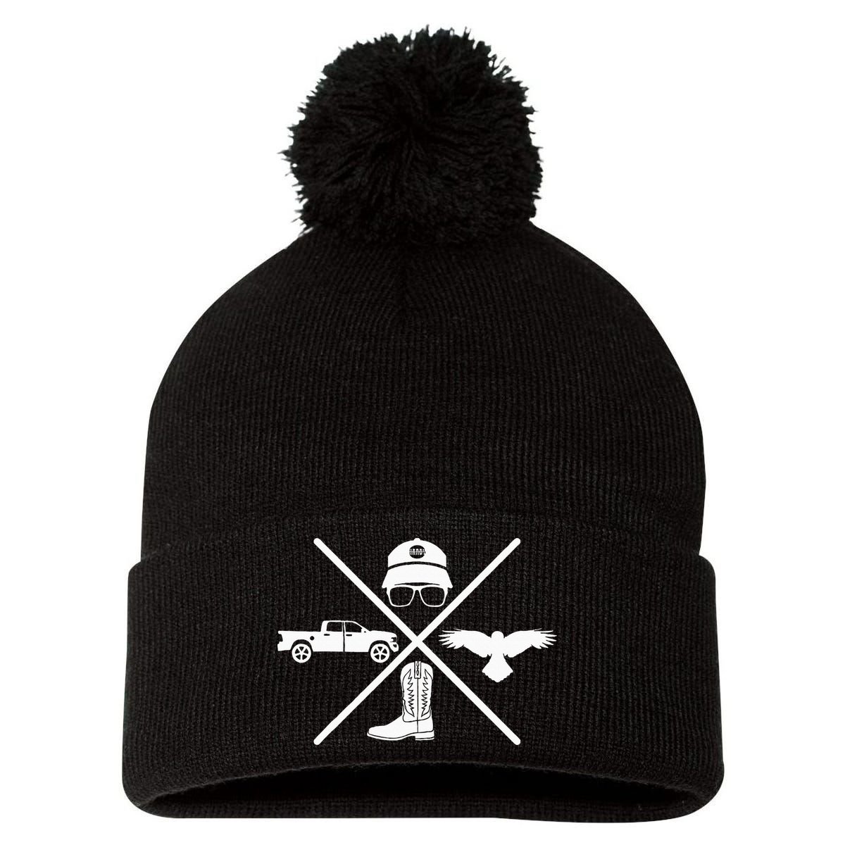 Crow Boots Hat and Truck Funny Hardy Family Pom Pom 12in Knit Beanie
