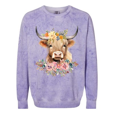 Cute Baby Highland Cow With Flowers Calf Animal Christmas Colorblast Crewneck Sweatshirt