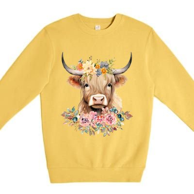 Cute Baby Highland Cow With Flowers Calf Animal Christmas Premium Crewneck Sweatshirt