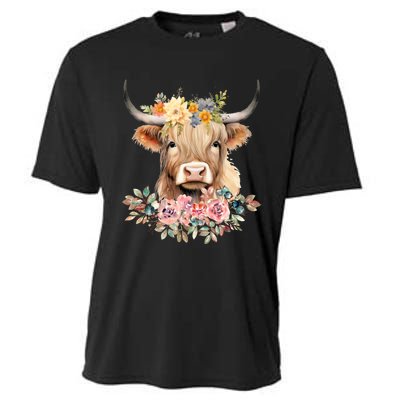 Cute Baby Highland Cow With Flowers Calf Animal Christmas Cooling Performance Crew T-Shirt