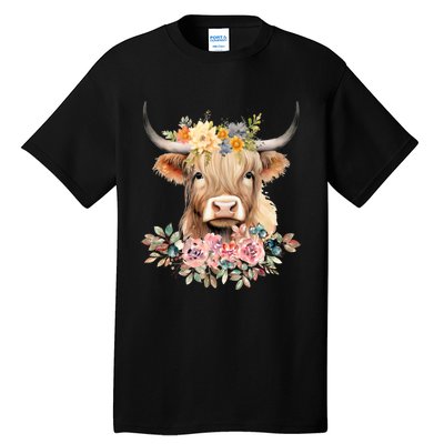 Cute Baby Highland Cow With Flowers Calf Animal Christmas Tall T-Shirt