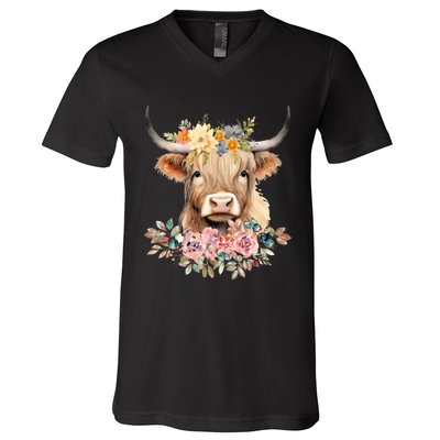 Cute Baby Highland Cow With Flowers Calf Animal Christmas V-Neck T-Shirt