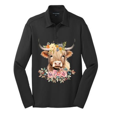 Cute Baby Highland Cow With Flowers Calf Animal Christmas Silk Touch Performance Long Sleeve Polo