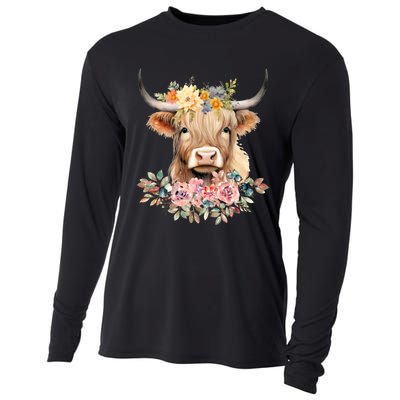 Cute Baby Highland Cow With Flowers Calf Animal Christmas Cooling Performance Long Sleeve Crew