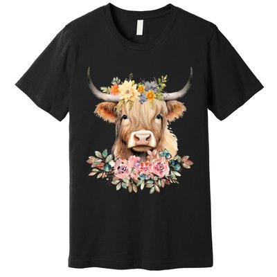 Cute Baby Highland Cow With Flowers Calf Animal Christmas Premium T-Shirt