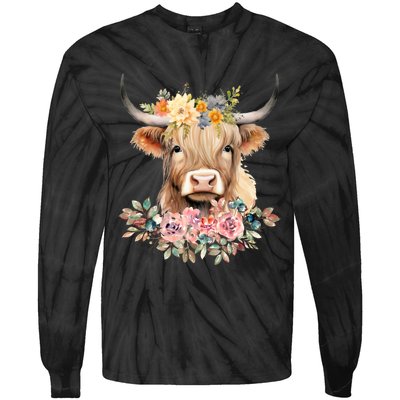 Cute Baby Highland Cow With Flowers Calf Animal Christmas Tie-Dye Long Sleeve Shirt